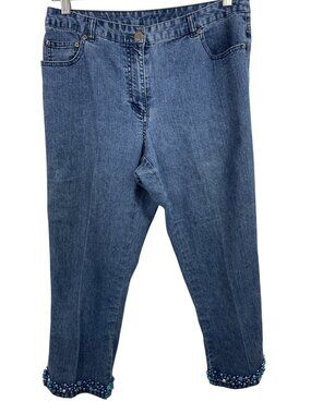 Ruby Rd Womens Blue Denim Jeans Stretch Capris Cropped Beaded Hem Womens Size 8